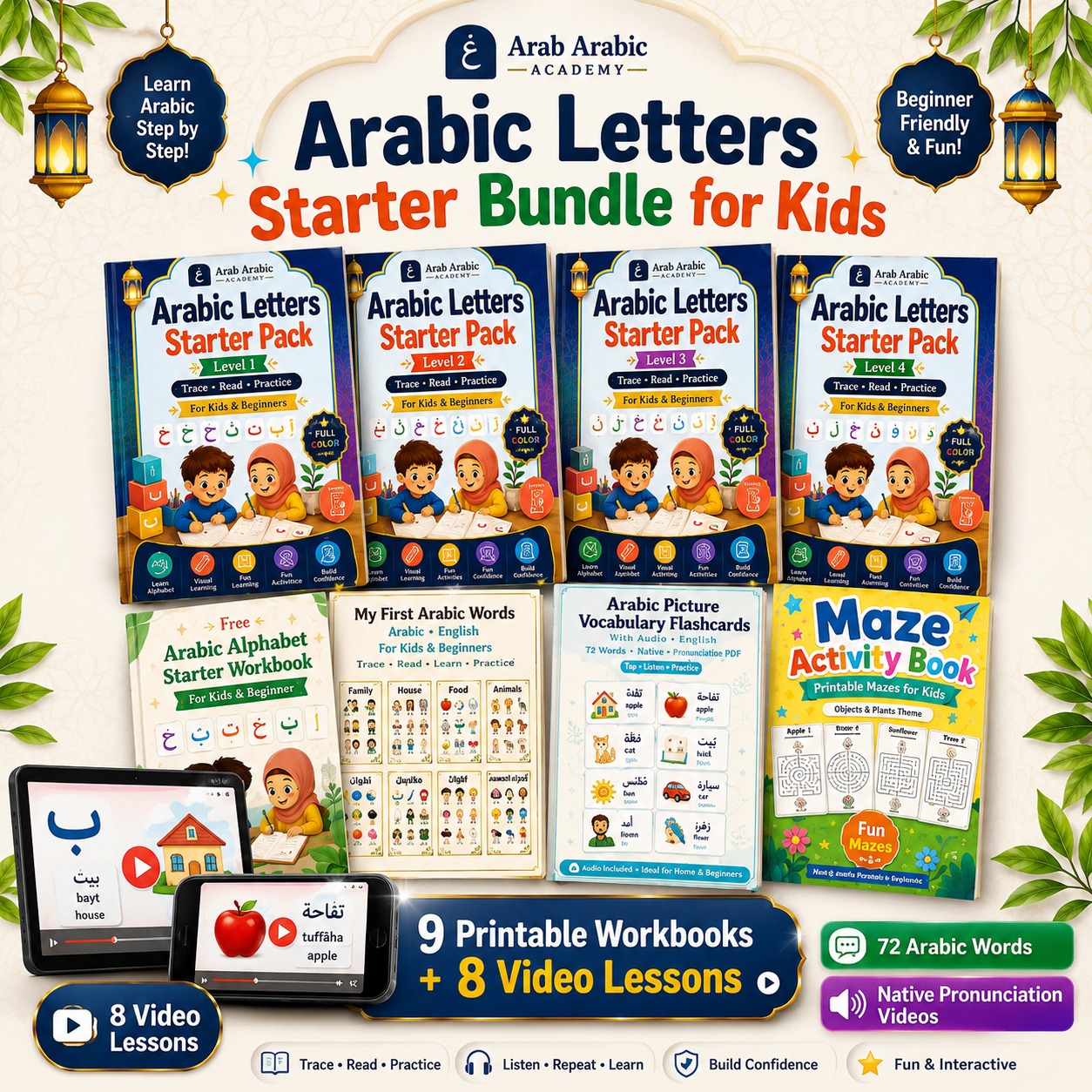 Arabic Starter Bundle with 9 printable workbooks and 8 video lessons