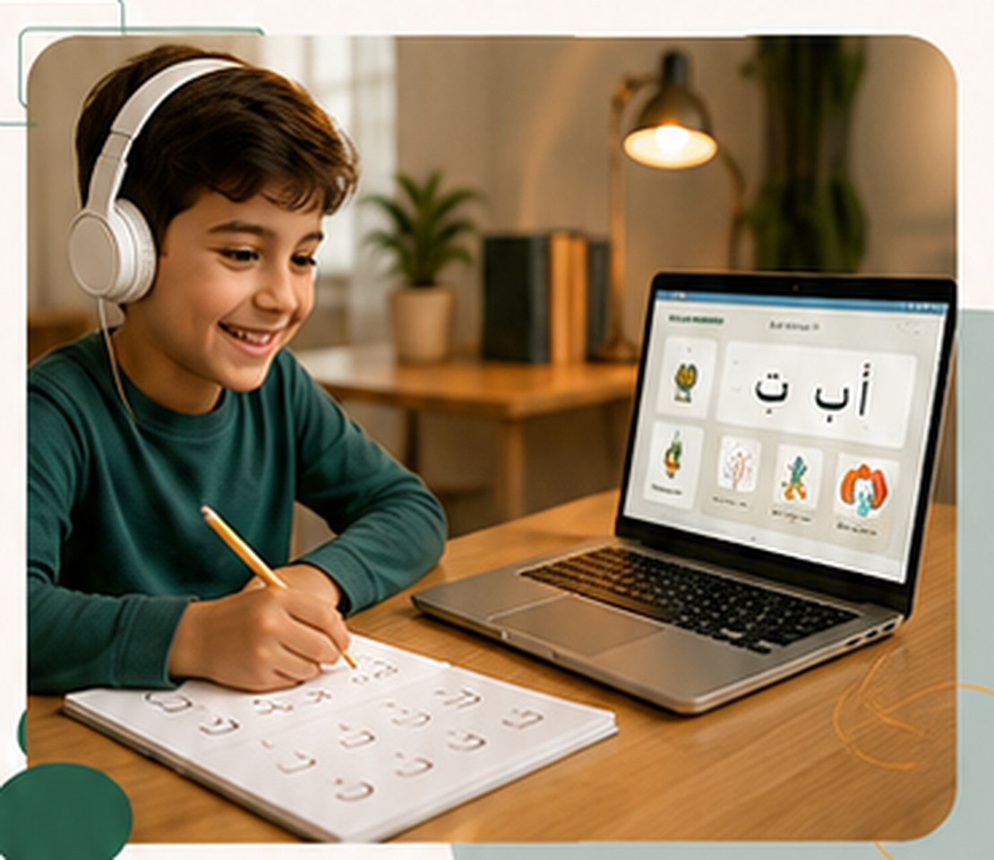 A child learning Arabic online with a laptop and workbook