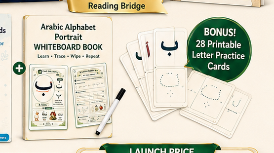 Whiteboard workbook and printable Arabic letter cards
